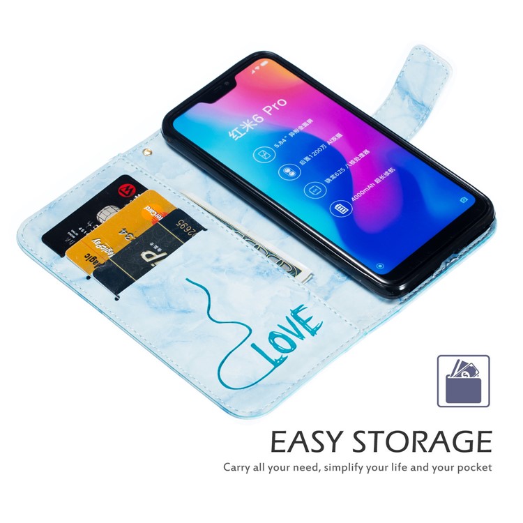 For Xiaomi Mi A2 Lite / Redmi 6 Pro Imprinted Lover Heart Marble Pattern Leather Mobile Phone Cover Shell with Card Slots - Blue-6