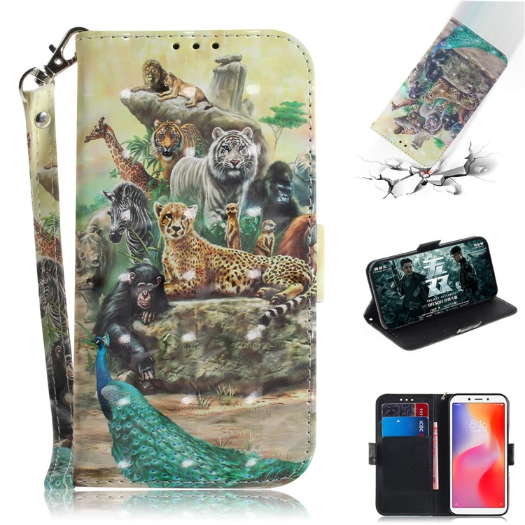 Phone Casing for Xiaomi Redmi 6 Patterned Wallet Stand PU Leather Cover - Animals Getting Together-1