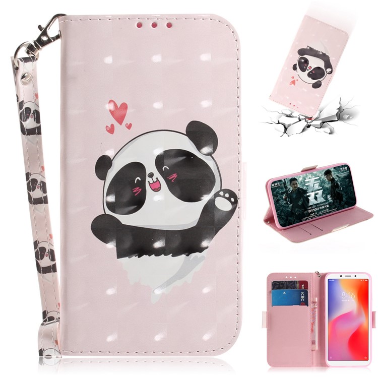 Mobile Shell for Xiaomi Redmi 6 Patterned Wallet Stand PU Leather Cover - Cute Panda-1