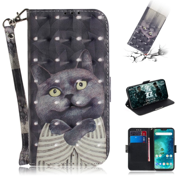 Light Spot Decor Patterned Wallet Stand PU Leather Phone Case for Xiaomi Mi A2 Lite / Redmi 6 Pro (China) - Grey Cat-1