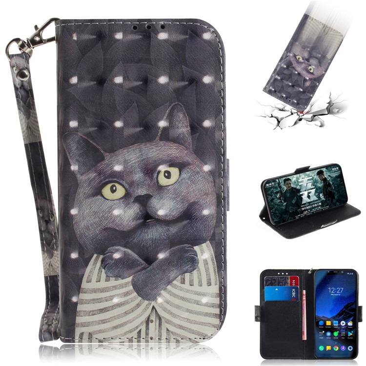 Light Spot Decor Patterned Wallet Stand PU Leather Phone Cover for Xiaomi Pocophone F1 / Poco F1 (India) - Grey Cat-1