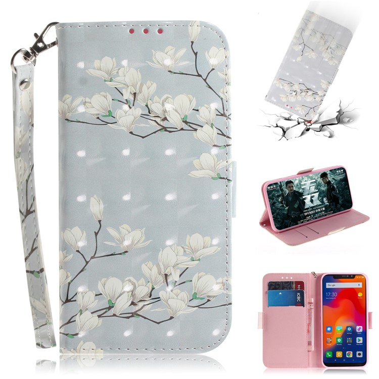 Patterned Wallet Stand Leather Protection Case for Xiaomi Redmi Note 6 Pro - White Flower-1