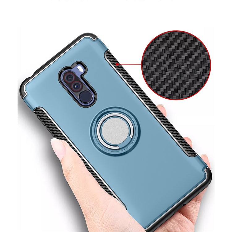 Carbon Fiber TPU + PC Hybrid Cover with Magnetic Car Mount Ring Holder Kickstand for Xiaomi Pocophone F1/Poco F1 (India) - Baby Blue-4