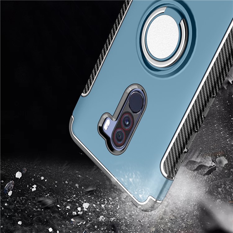 Carbon Fiber TPU + PC Hybrid Cover with Magnetic Car Mount Ring Holder Kickstand for Xiaomi Pocophone F1/Poco F1 (India) - Baby Blue-7