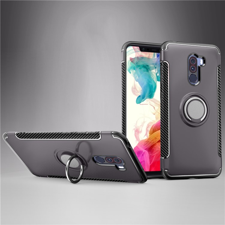 Carbon Fiber TPU + PC Hybrid Shell with Magnetic Car Mount Ring Holder Kickstand for Xiaomi Pocophone F1/Poco F1 (India) - Grey-1