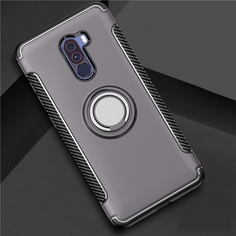 Carbon Fiber TPU + PC Hybrid Shell with Magnetic Car Mount Ring Holder Kickstand for Xiaomi Pocophone F1/Poco F1 (India) - Grey-2