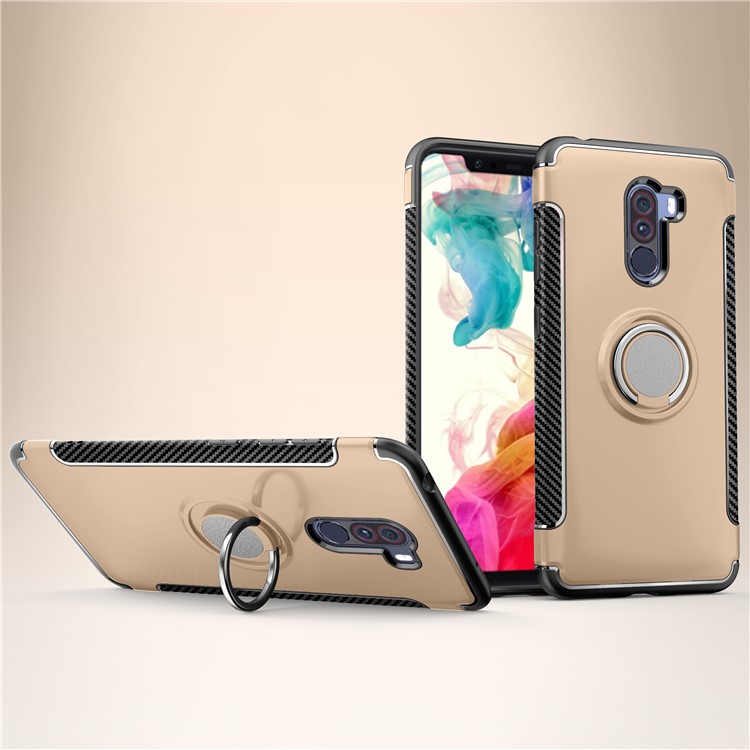 Carbon Fiber TPU + PC Hybrid Casing with Magnetic Car Mount Ring Holder Kickstand for Xiaomi Pocophone F1/Poco F1 (India) - Gold-1