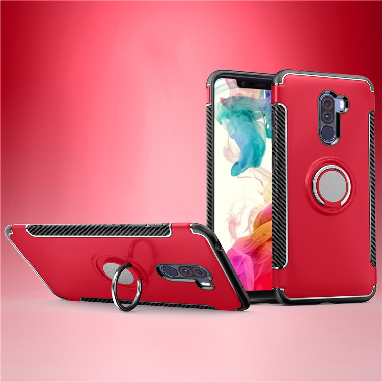 Carbon Fiber TPU + PC Hybrid Mobile Cover with Magnetic Car Mount Ring Holder Kickstand for Xiaomi Pocophone F1/Poco F1 (India) - Red-1