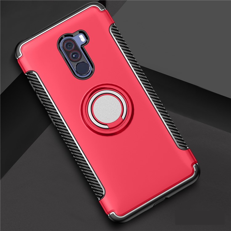 Carbon Fiber TPU + PC Hybrid Mobile Cover with Magnetic Car Mount Ring Holder Kickstand for Xiaomi Pocophone F1/Poco F1 (India) - Red-2