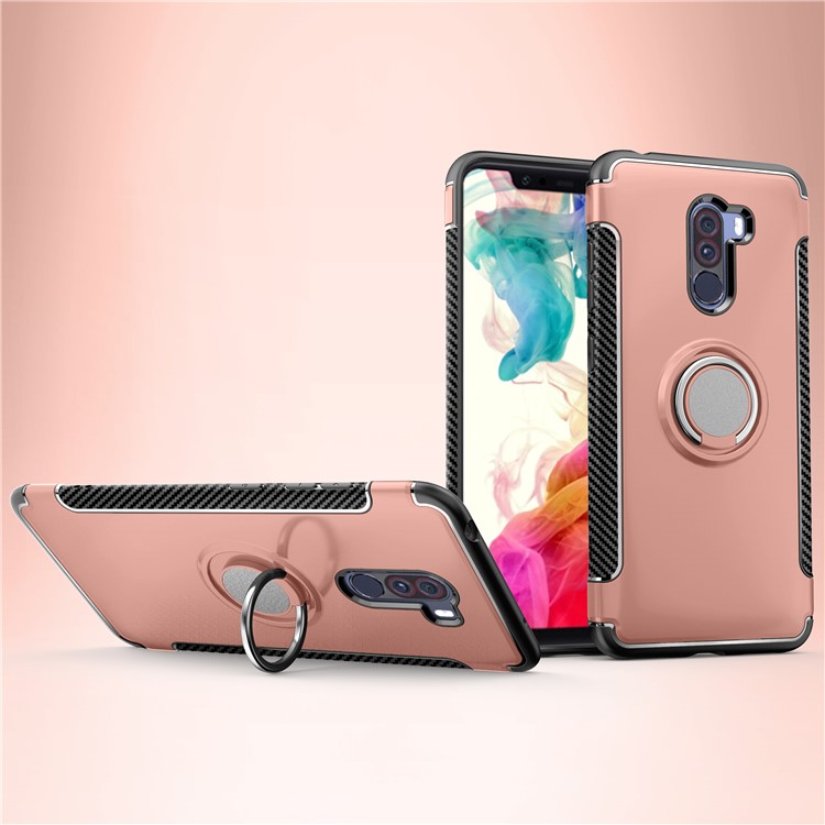Carbon Fiber TPU + PC Combo Case with Magnetic Car Mount Ring Holder Kickstand for Xiaomi Pocophone F1/Poco F1 (India) - Rose Gold-1