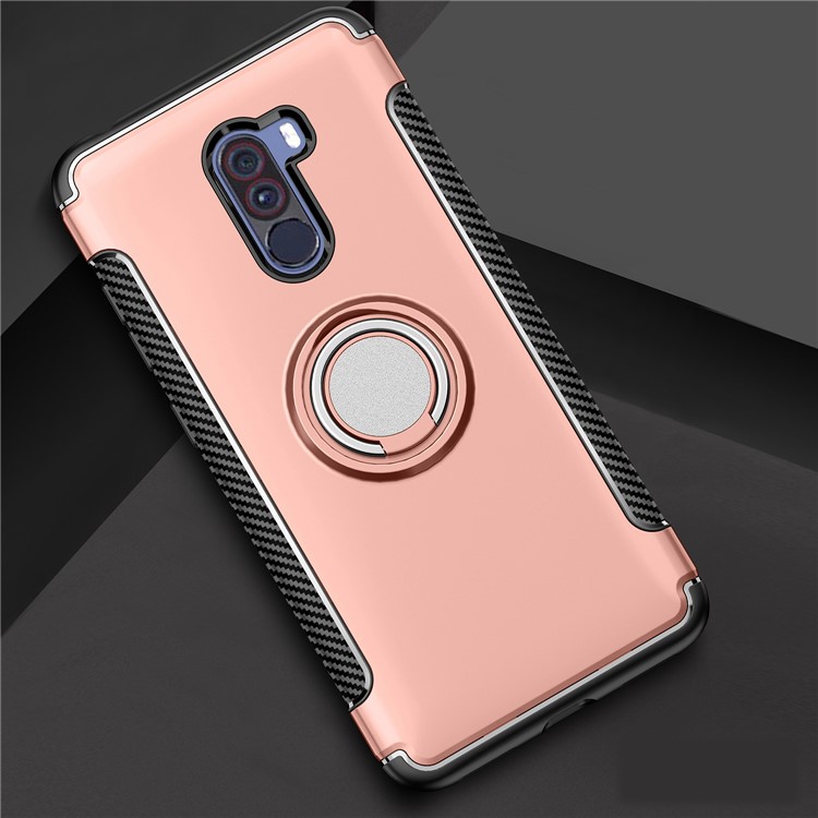 Carbon Fiber TPU + PC Combo Case with Magnetic Car Mount Ring Holder Kickstand for Xiaomi Pocophone F1/Poco F1 (India) - Rose Gold-2