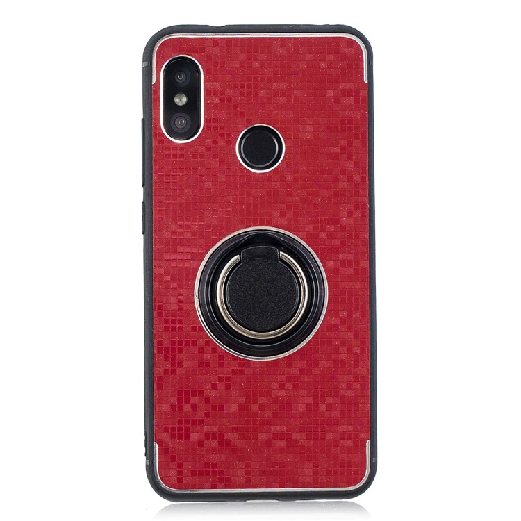For Xiaomi Mi A2 Lite / Redmi 6 Pro Mosaic Pattern Metal PC TPU Hybrid Phone Casing with Finger Ring Kickstand - Red-1