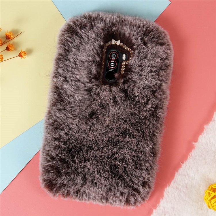 Soft Fur Coated Rhinestone TPU Mobile Cover for Xiaomi Pocophone F1 / Poco F1 (India) - Coffee-1