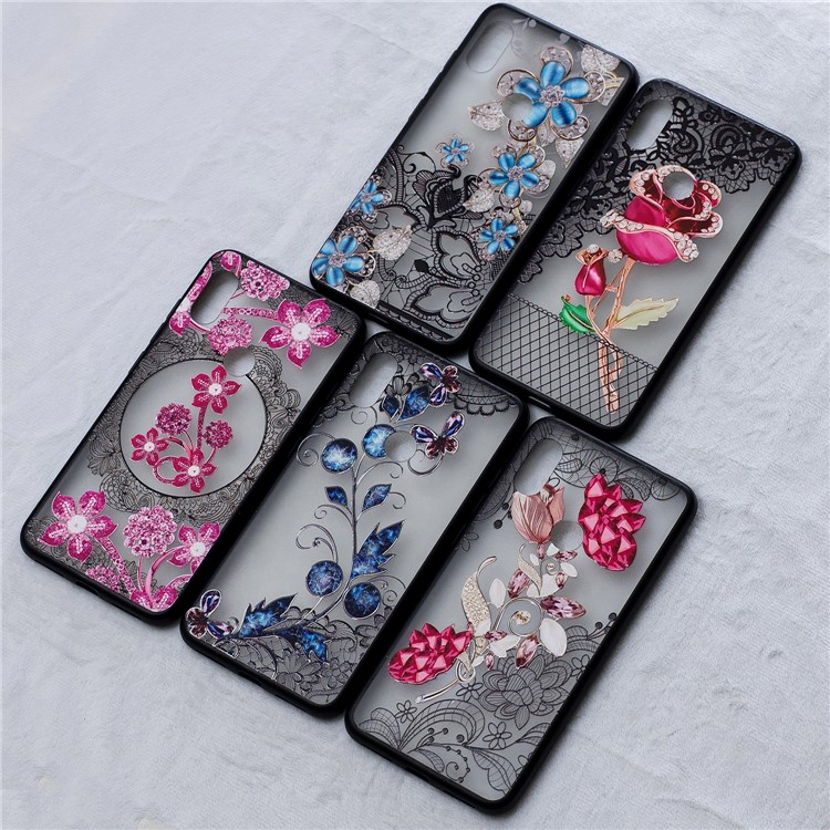 For Xiaomi Redmi Note 6 Pro Lace 3D Rhinestone Decoration Flower Pattern Hybrid Case Cover - Vivid Flower-6