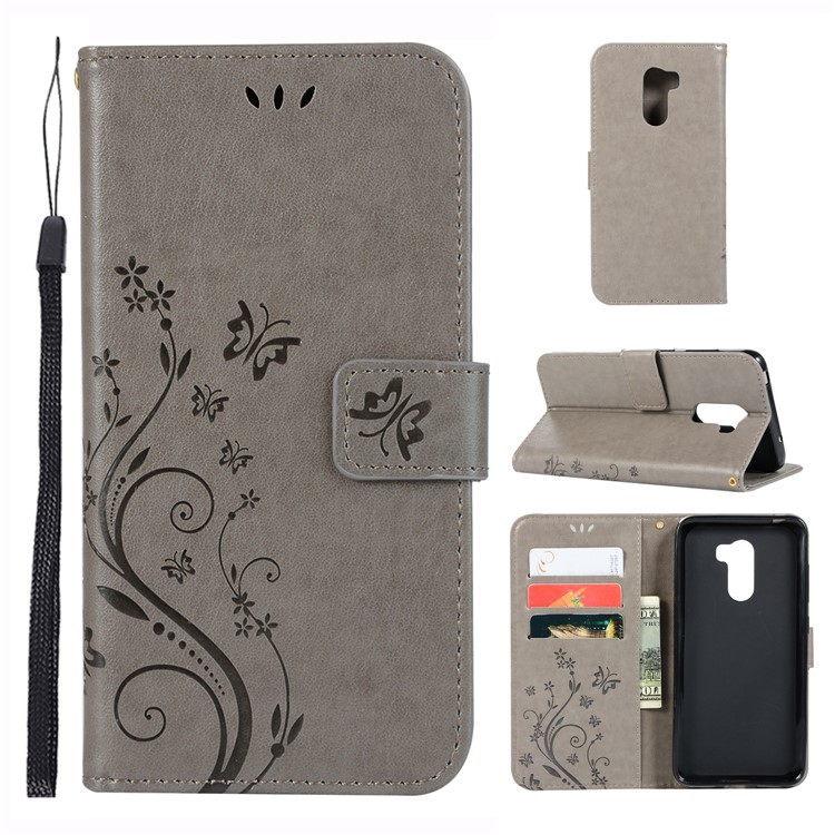 Imprint Butterfly Flower Leather Wallet Cover for Xiaomi Pocophone F1 / Poco F1 (India) - Grey-1