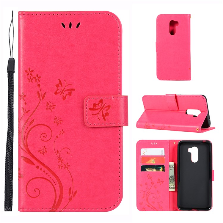 Imprint Butterfly Flower Leather Wallet Shell for Xiaomi Pocophone F1 / Poco F1 (India) - Red-1