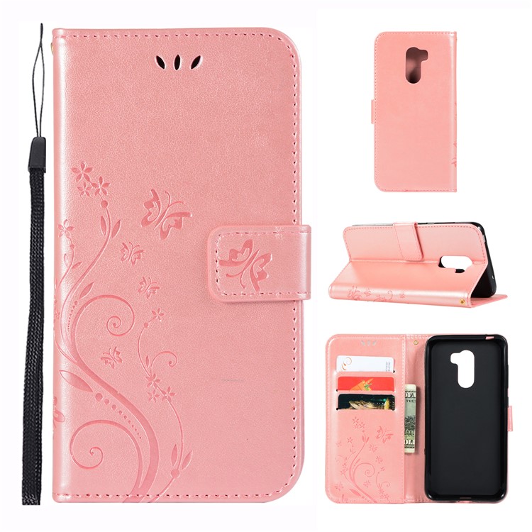 Imprint Butterfly Flower Leather Wallet Casing for Xiaomi Pocophone F1 / Poco F1 (India) - Pink-1