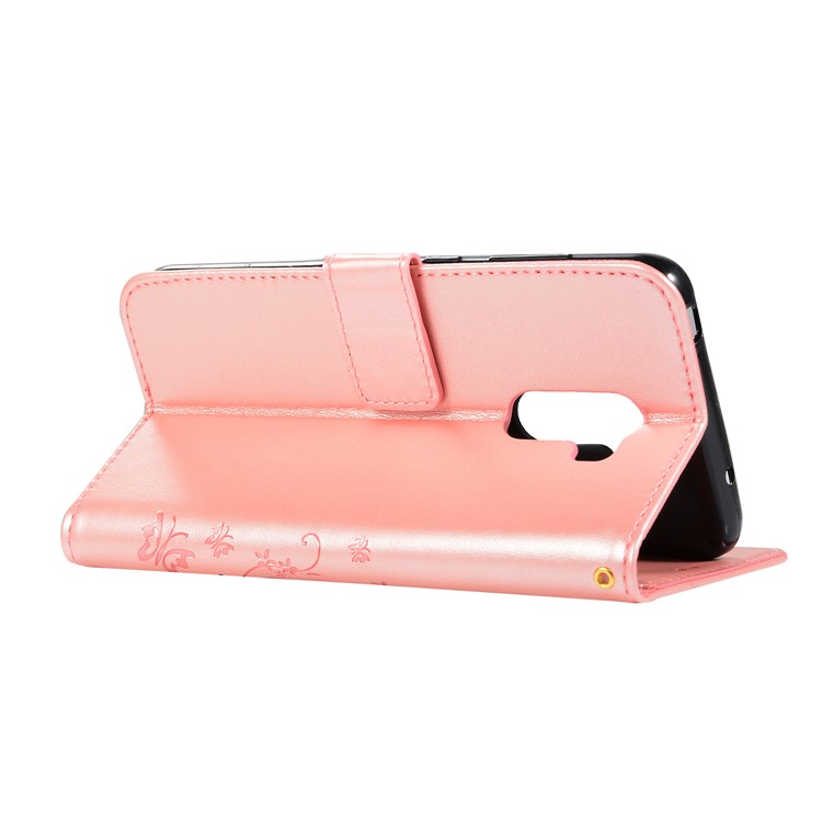 Imprint Butterfly Flower Leather Wallet Casing for Xiaomi Pocophone F1 / Poco F1 (India) - Pink-3