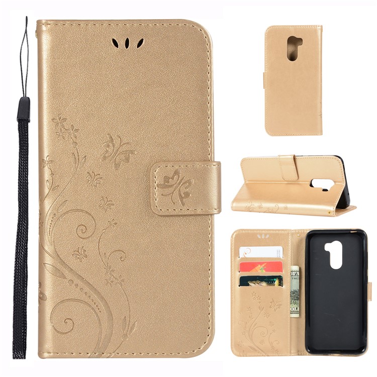 Imprint Butterfly Flower Leather Wallet Cellphone Case for Xiaomi Pocophone F1 / Poco F1 (India) - Gold-1