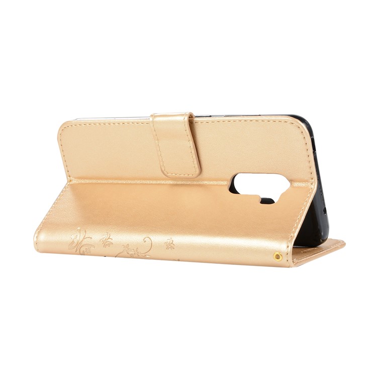 Imprint Butterfly Flower Leather Wallet Cellphone Case for Xiaomi Pocophone F1 / Poco F1 (India) - Gold-3