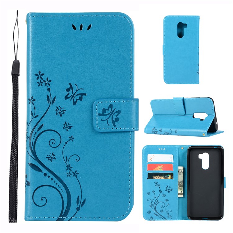 Imprint Butterfly Flower Leather Wallet Protective Casing for Xiaomi Pocophone F1 / Poco F1 (India) - Blue-1