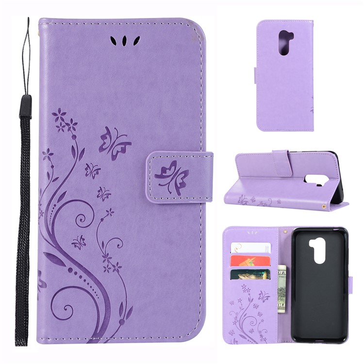 Imprint Butterfly Flower Leather Wallet Mobile Phone Shell for Xiaomi Pocophone F1 / Poco F1 (India) - Purple-1