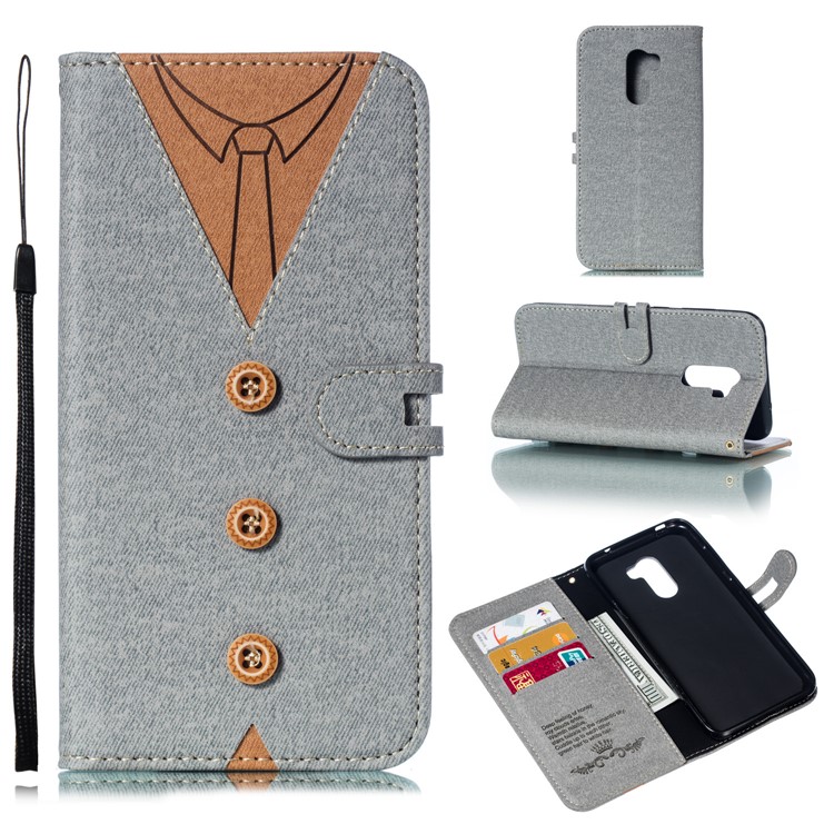 Splicing Imprint Men Tie Leather Button Decor Cover for Xiaomi Pocophone F1 / Poco F1 - Grey