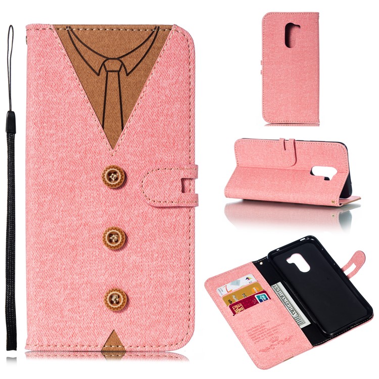 Splicing Imprint Men Tie Button Decor Leather Wallet Phone Case for Xiaomi Pocophone F1 / Poco F1 - Pink-1