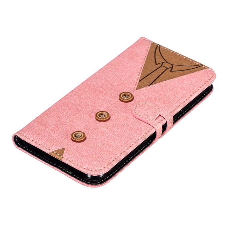 Splicing Imprint Men Tie Button Decor Leather Wallet Phone Case for Xiaomi Pocophone F1 / Poco F1 - Pink-7
