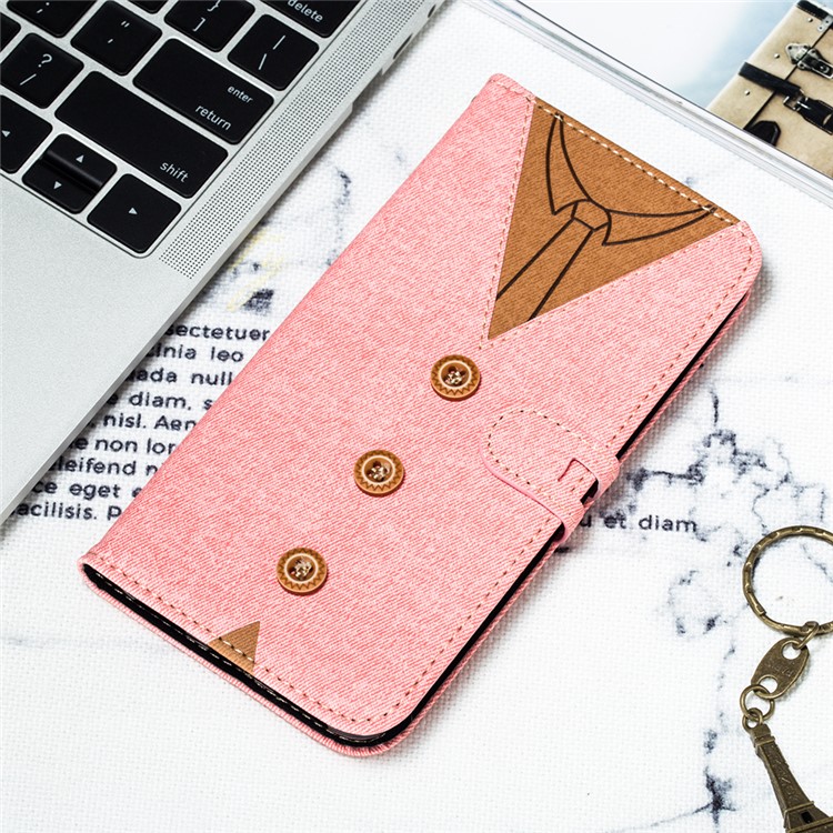 Splicing Imprint Men Tie Button Decor Leather Wallet Phone Case for Xiaomi Pocophone F1 / Poco F1 - Pink-8