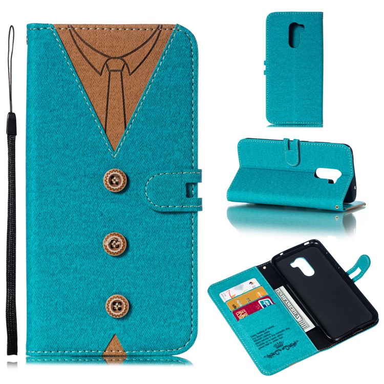 Splicing Imprint Men Tie Leather Button Decor Magnetic Cover for Xiaomi Pocophone F1 / Poco F1 - Cyan-1