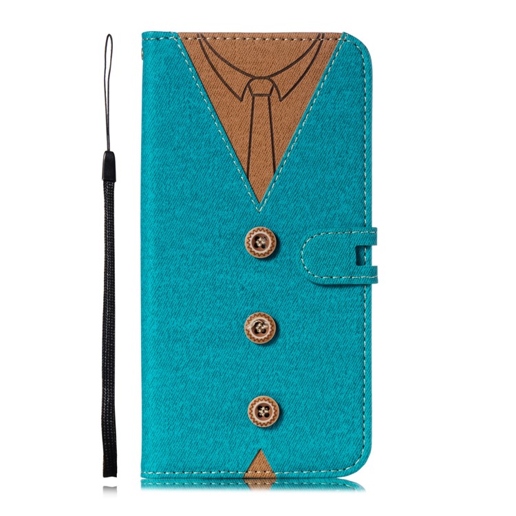 Splicing Imprint Men Tie Leather Button Decor Magnetic Cover for Xiaomi Pocophone F1 / Poco F1 - Cyan-2