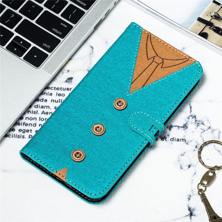 Splicing Imprint Men Tie Leather Button Decor Magnetic Cover for Xiaomi Pocophone F1 / Poco F1 - Cyan-8