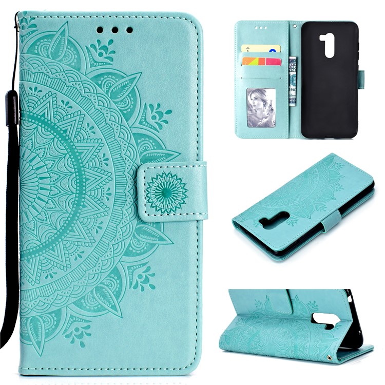 Imprinted Mandala Pattern Wallet Leather Mobile Casing for Xiaomi Pocophone F1 / Poco F1 (India) - Cyan-1