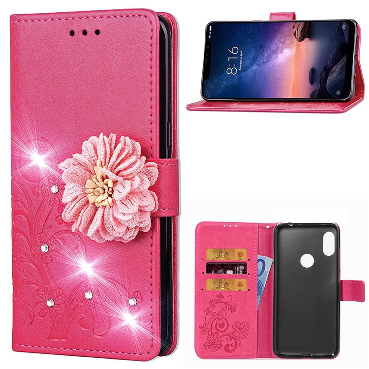 For Xiaomi Redmi Note 6 Pro 3D Flower Leather Phone Casing / Imprint Flower / Rhinestone Decor / Wallet - Rose-1