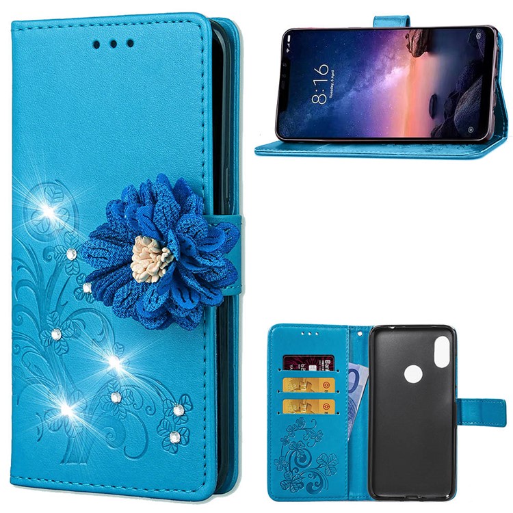 For Xiaomi Redmi Note 6 Pro 3D Flower Leather Mobile Shell / Imprint Flower / Rhinestone Decor / Wallet - Blue-1