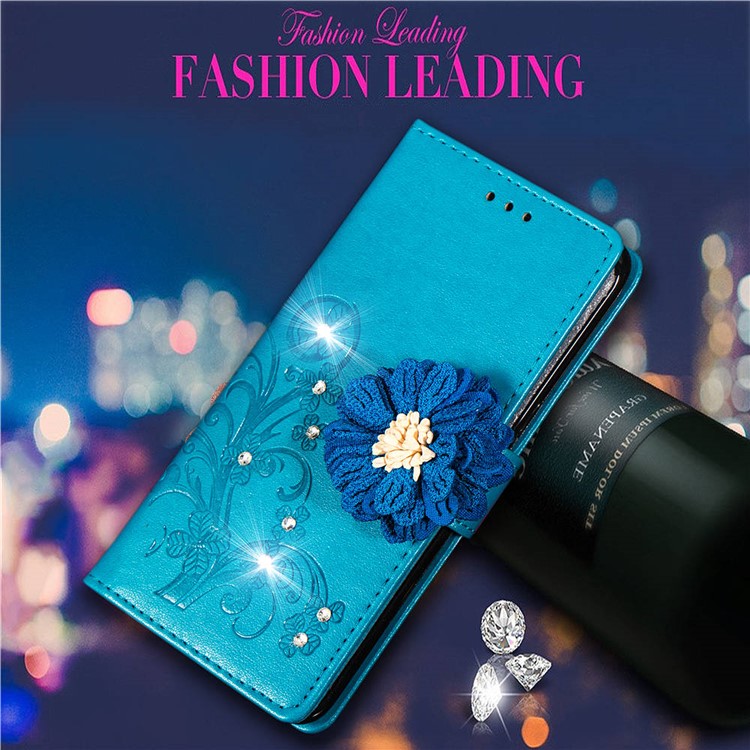 For Xiaomi Redmi Note 6 Pro 3D Flower Leather Mobile Shell / Imprint Flower / Rhinestone Decor / Wallet - Blue-8