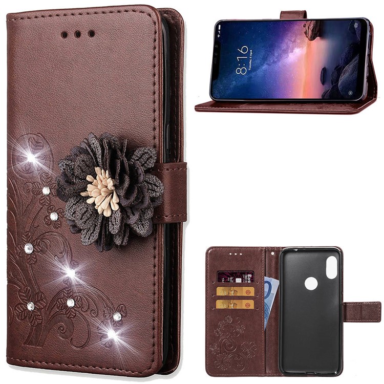For Xiaomi Redmi Note 6 Pro 3D Flower Leather Cell Phone Case / Imprint Flower / Rhinestone Decor / Wallet - Brown-1