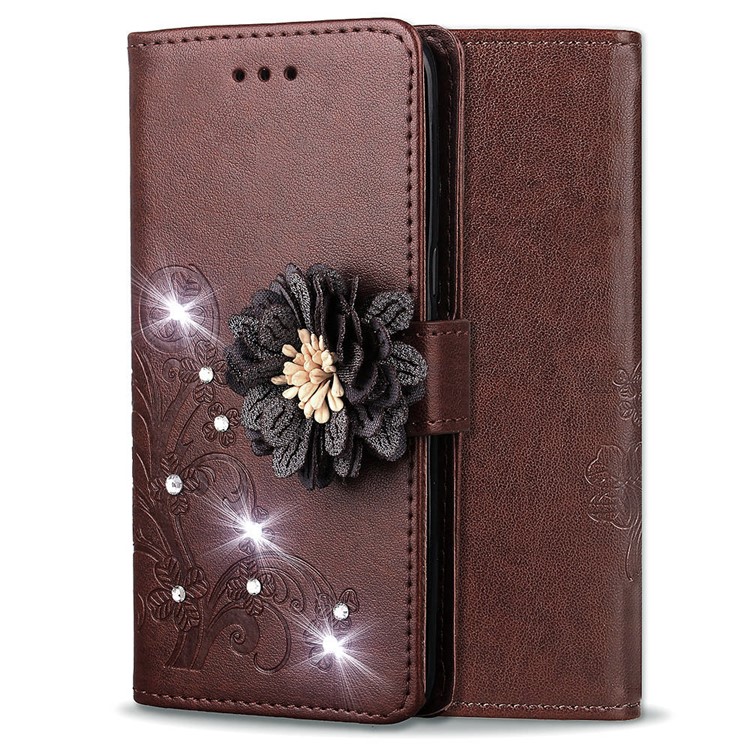For Xiaomi Redmi Note 6 Pro 3D Flower Leather Cell Phone Case / Imprint Flower / Rhinestone Decor / Wallet - Brown-2