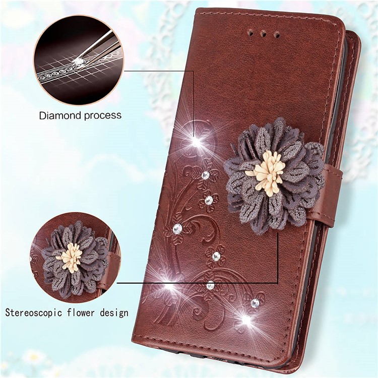 For Xiaomi Redmi Note 6 Pro 3D Flower Leather Cell Phone Case / Imprint Flower / Rhinestone Decor / Wallet - Brown-8
