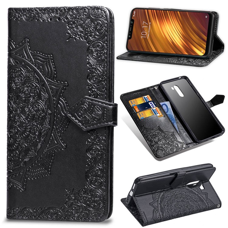 Imprint Mandala Flower Stand 3 Card Slots Leather Case for Xiaomi Pocophone F1 / Poco F1 (India) - Black-1