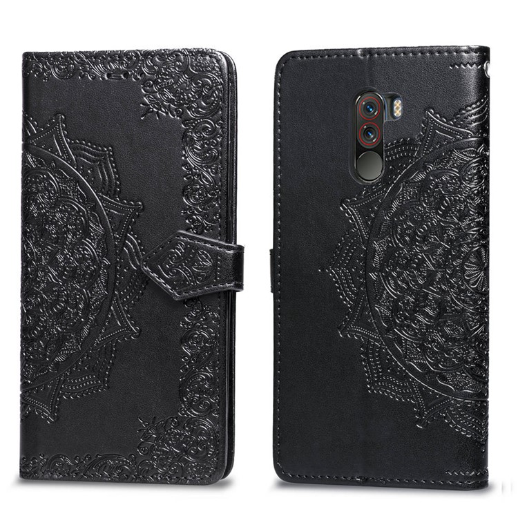 Imprint Mandala Flower Stand 3 Card Slots Leather Case for Xiaomi Pocophone F1 / Poco F1 (India) - Black-2