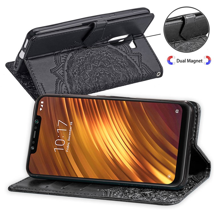 Imprint Mandala Flower Stand 3 Card Slots Leather Case for Xiaomi Pocophone F1 / Poco F1 (India) - Black-5