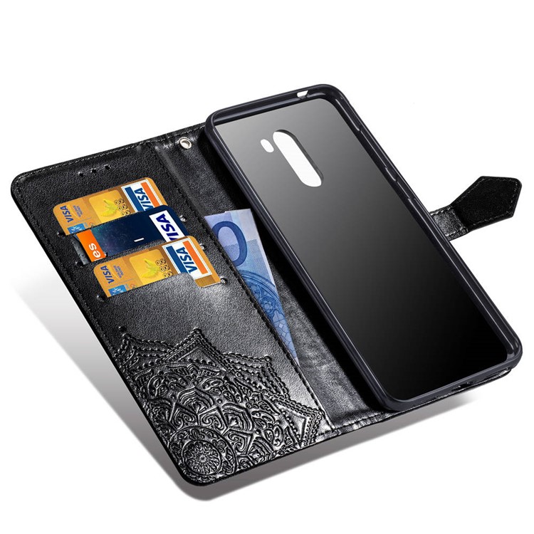 Imprint Mandala Flower Stand 3 Card Slots Leather Case for Xiaomi Pocophone F1 / Poco F1 (India) - Black-6