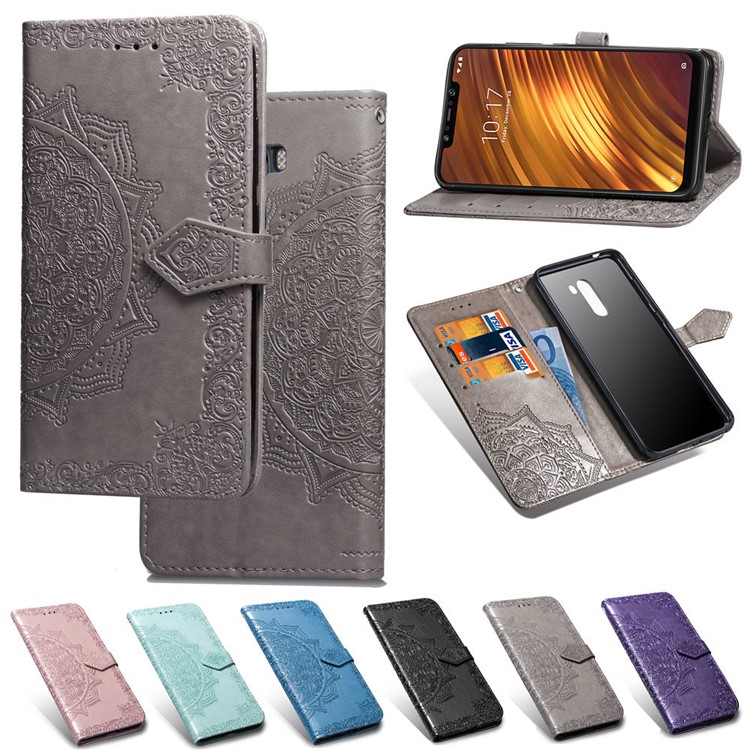 Imprint Mandala Flower Stand 3 Card Slots Leather Cover for Xiaomi Pocophone F1 / Poco F1 (India) - Grey-11