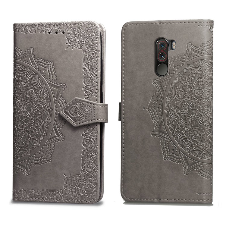 Imprint Mandala Flower Stand 3 Card Slots Leather Cover for Xiaomi Pocophone F1 / Poco F1 (India) - Grey-2