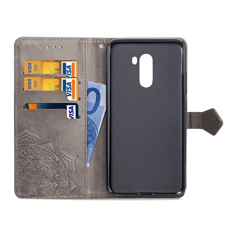 Imprint Mandala Flower Stand 3 Card Slots Leather Cover for Xiaomi Pocophone F1 / Poco F1 (India) - Grey-5