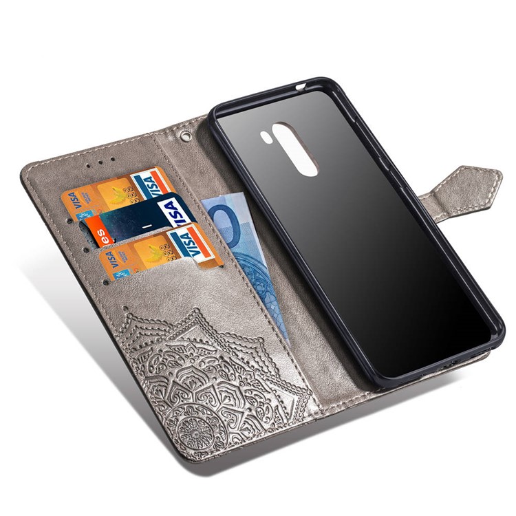 Imprint Mandala Flower Stand 3 Card Slots Leather Cover for Xiaomi Pocophone F1 / Poco F1 (India) - Grey-7