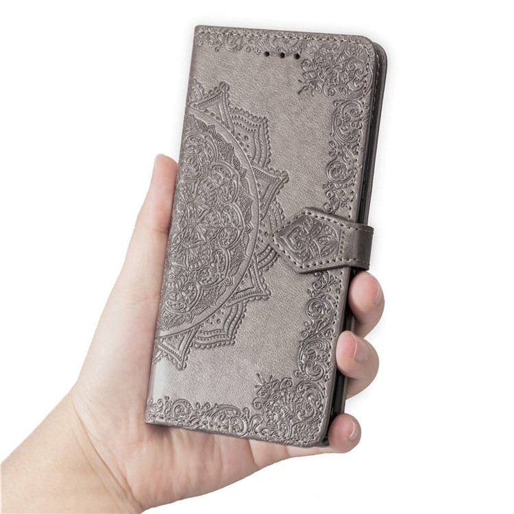 Imprint Mandala Flower Stand 3 Card Slots Leather Cover for Xiaomi Pocophone F1 / Poco F1 (India) - Grey-8