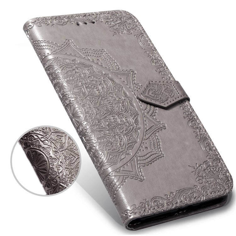 Imprint Mandala Flower Stand 3 Card Slots Leather Cover for Xiaomi Pocophone F1 / Poco F1 (India) - Grey-9